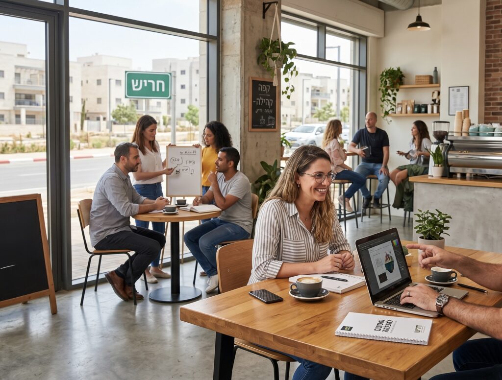 צילום מודרני ואנרגטי של קהילת בעלי עסקים בחריש, העובדים ומשתפים פעולה בבית קפה מקומי ומזמין. בחזית, יועצת גרפית ויועץ עסקי דנים בפרויקט על מסך לפטופ, עם מוצרים ממותגים של "סיסטם להצלחה". ברקע, קבוצות נוספות brainstorm ומחוברות דרך חלון גדול המשקיף לרחוב חריש עם בניינים חדשים ושלט "חריש" ברור. חלל בית הקפה משלב אלמנטים מודרניים-כפריים, ודלפק שירות פעיל עם ברמנים מחייכים. על קיר לבנים תלוי שלט מואר "עסקים עושים קהילה. כאן בחריש." המצלמה לוכדת את האווירה החמה והממוקדת בקהילה עם עומק שדה טבעי.