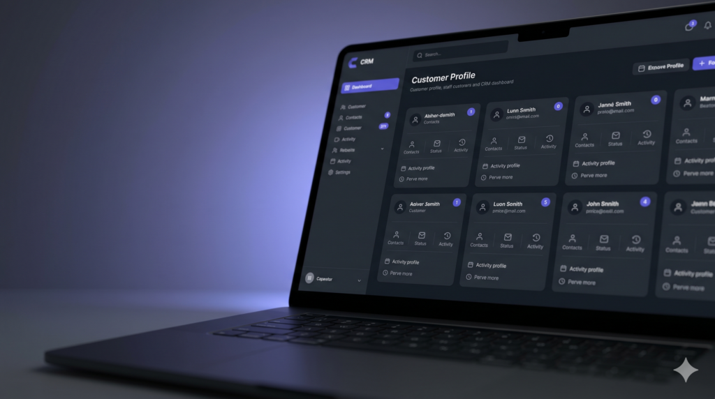 תקריב של מסך מחשב נייד המציג ממשק CRM מודרני ב-Dark Mode עם כרטיסי לקוח מעוצבים, תאורה מינימליסטית בגווני שחור ואנתרציט עם נגיעות סגול-כחול.