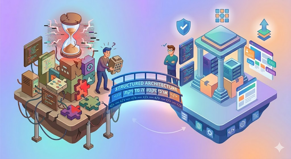 השוואה ויזואלית בין בנייה חובבנית למקצועית: בצד שמאל דמות מבולבלת מול ערימת פאזלים לא תואמים ושרתים שבורים תחת שעון חול סדוק, ובצד ימין דמות בטוחה עומדת לצד מבנה יציב דמוי מקדש עם עמודים קלאסיים המכיל שרתים מסודרים, אייקונים של אבטחה (מגן) וממשק משתמש נקי.