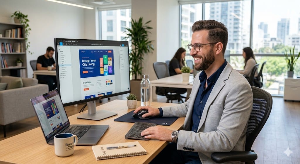 בעל עסק יושב מול מחשב ומפתח אתר