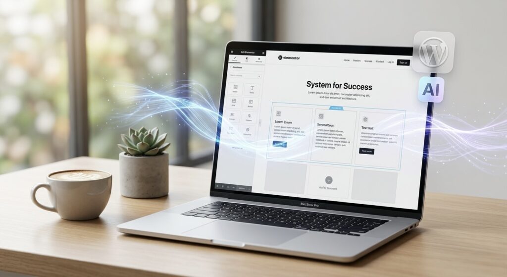 מחשב מקבוק פרו על שולחן עבודה מינימליסטי המציג ממשק עריכה של וורדפרס ואלמנטור, עם זרמי אור המייצגים שילוב בינה מלאכותית (AI) בבניית אתרים.
