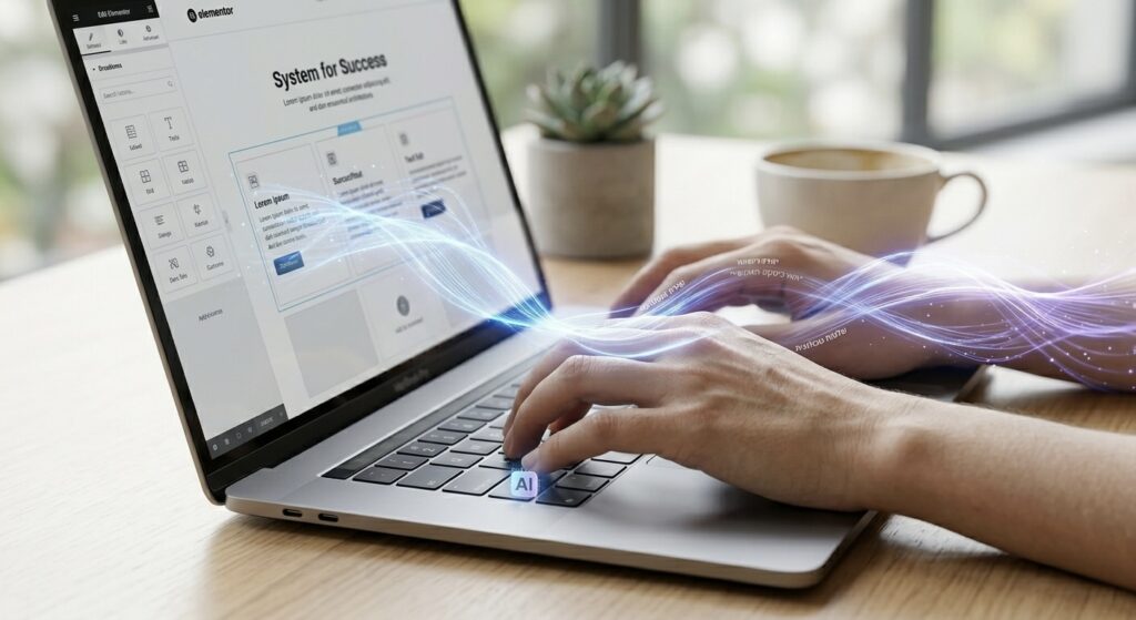 ידיים מקלידות על מקלדת מחשב נייד כשזרמי אור של בינה מלאכותית זורמים דרך האצבעות, מסמלים את השילוב בין היוצר האנושי לטכנולוגיית AI בעיצוב ובניית אתרים מקצועיים.
